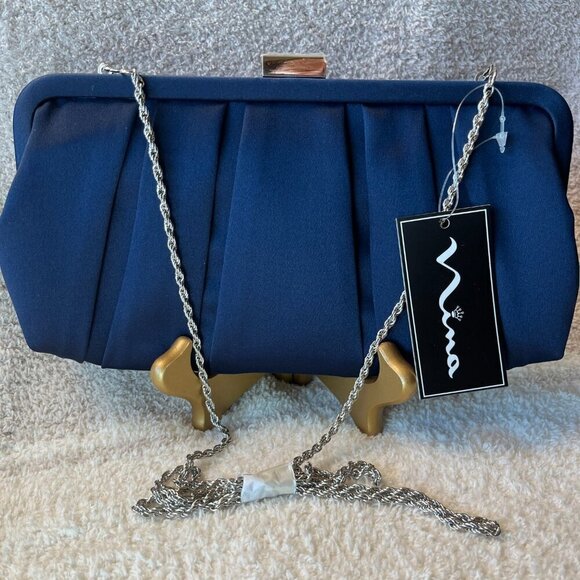 NINA  NAVY PLEATED FRAME CLUTCH With  Optional Cross Body Chain Silver Detail - Picture 1 of 12